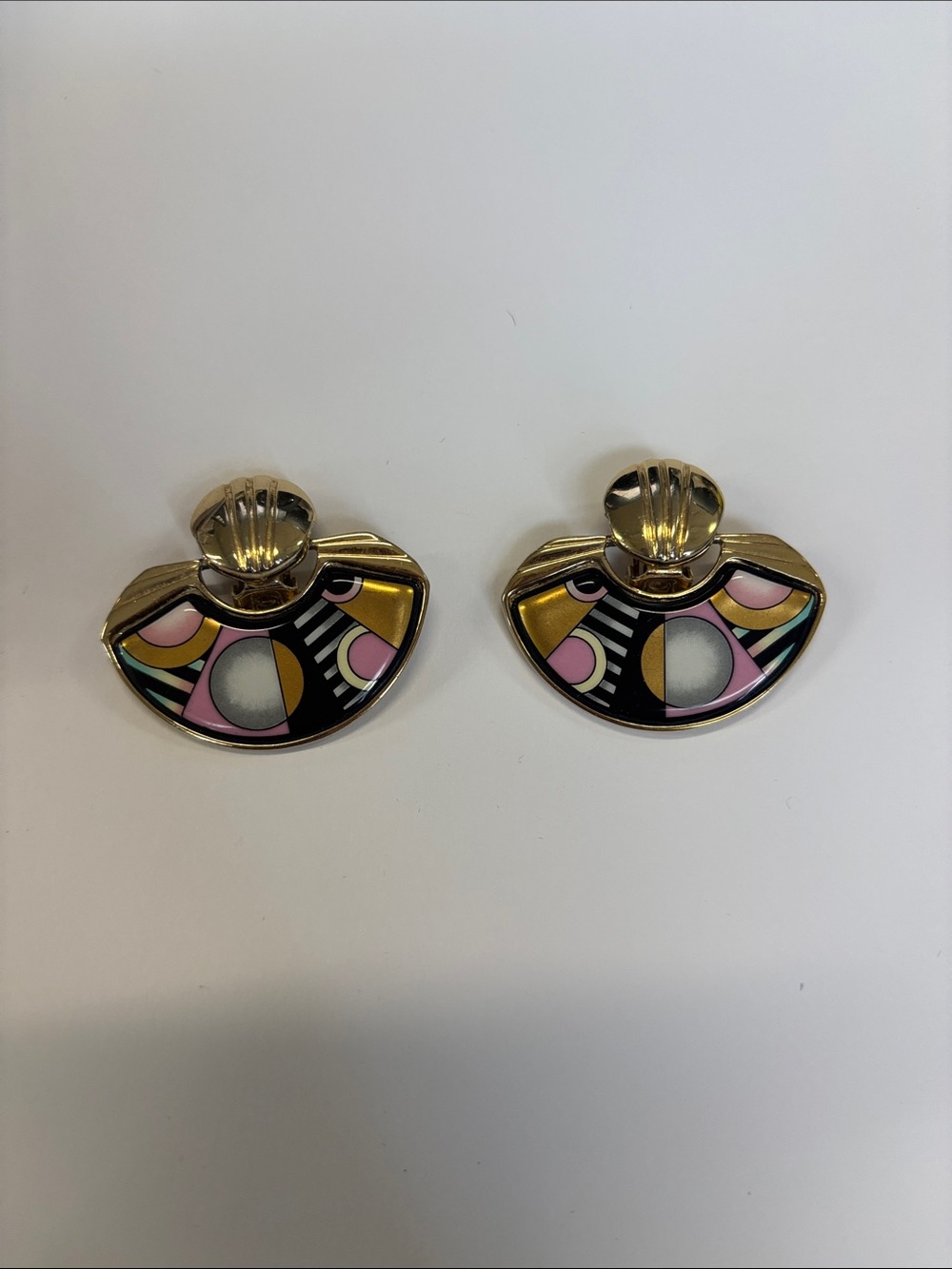 Gold-Tone Abstract Enamel Fan Clip-On Earrings in Pink, Black & Gold
